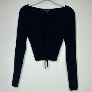 Kendall & Kylie Black Cropped Ribbed Knit Shirt Size M Ruched Front Tie